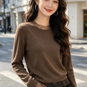Minimalist Solid Color Mesh Lace Collar Long Sleeve Knit Cardigan with Mesh Hem Gentle Style Early Autumn Slim Inner Top Women