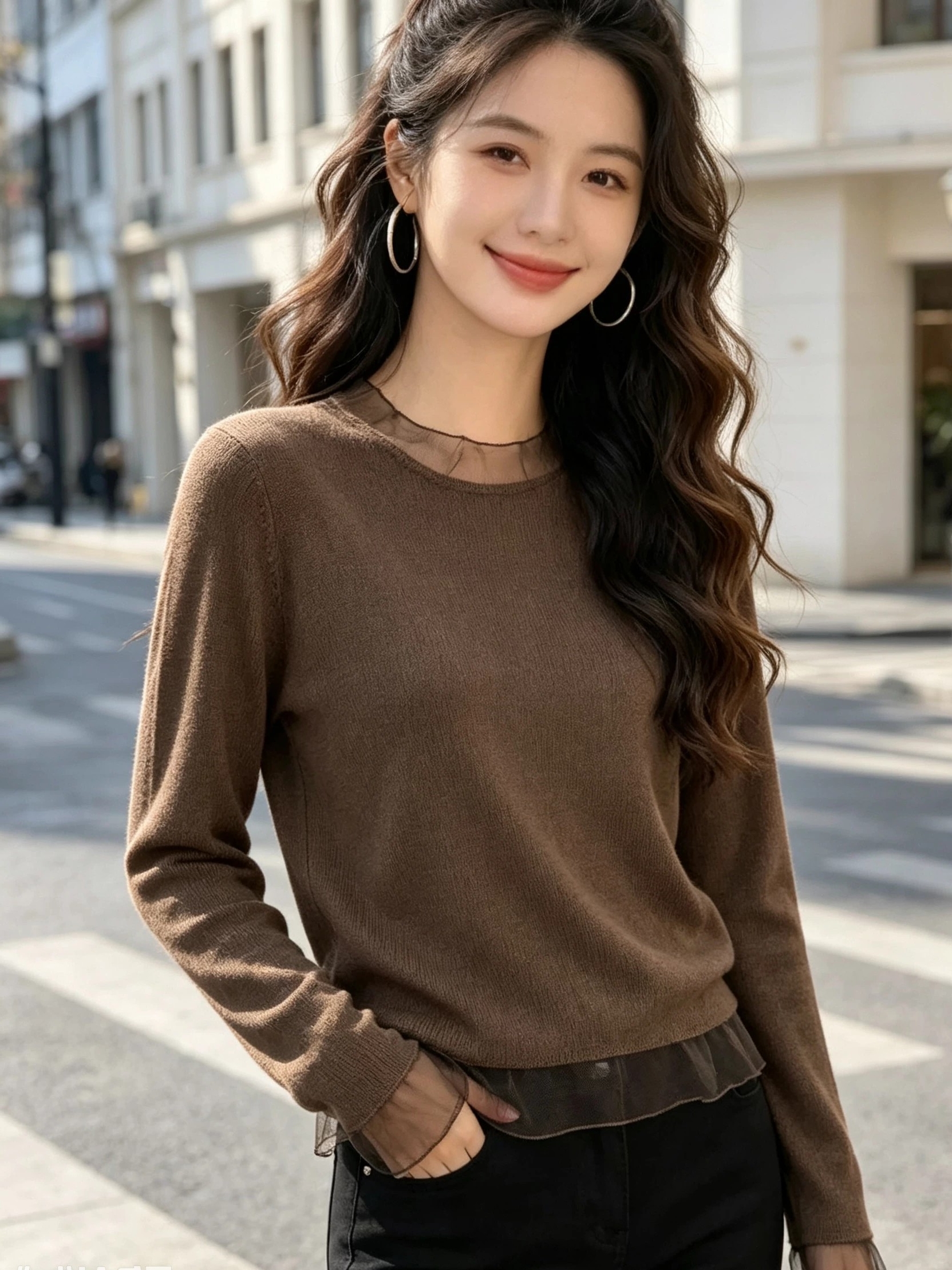 Minimalist Solid Color Mesh Lace Collar Long Sleeve Knit Cardigan with Mesh Hem Gentle Style Early Autumn Slim Inner Top Women